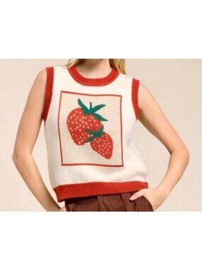 Strawberry Knit Sleeveless  Women's Sz M/L Sweater Vest Flat White Red & White
